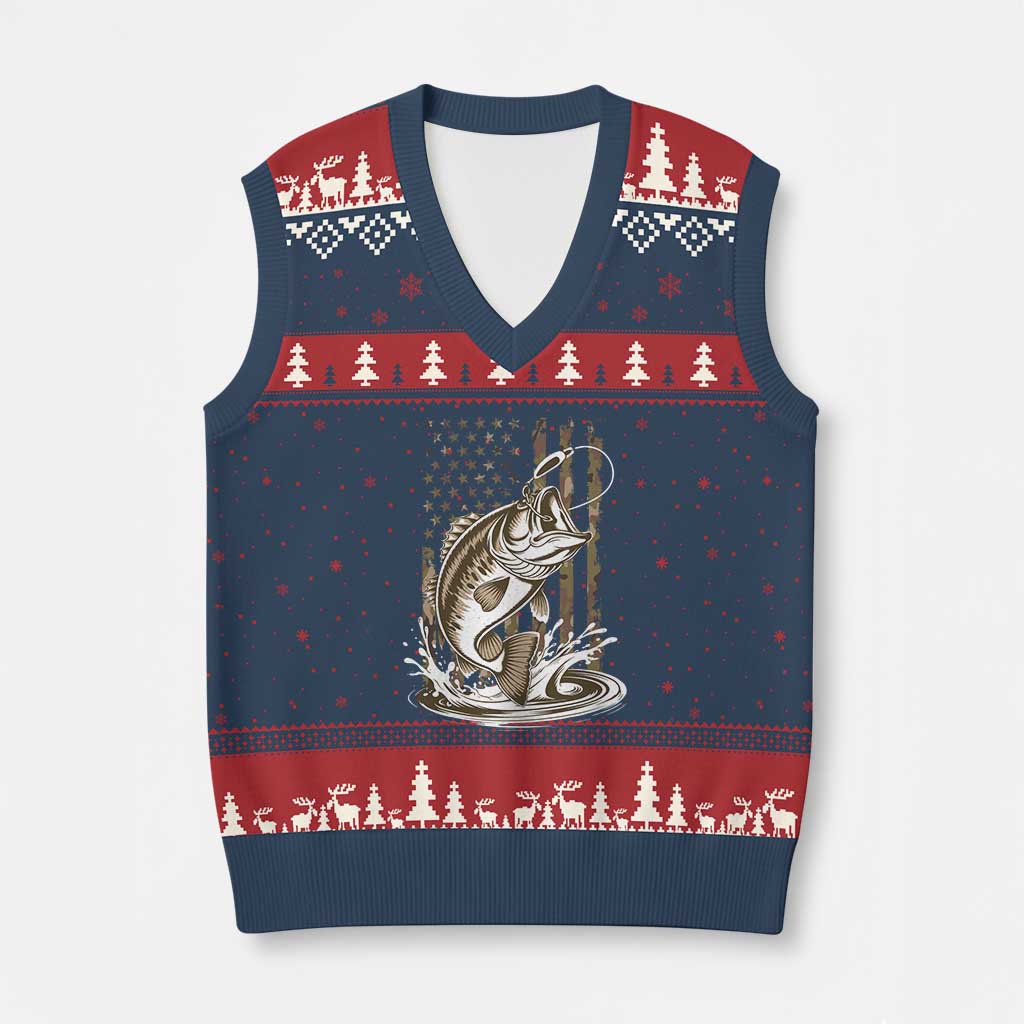 Fishing Camo V-Neck Knit Sweater Vest Bass Fish American Flag Boy Men Fisherman Gift TS10 Navy Red Print Your Wear