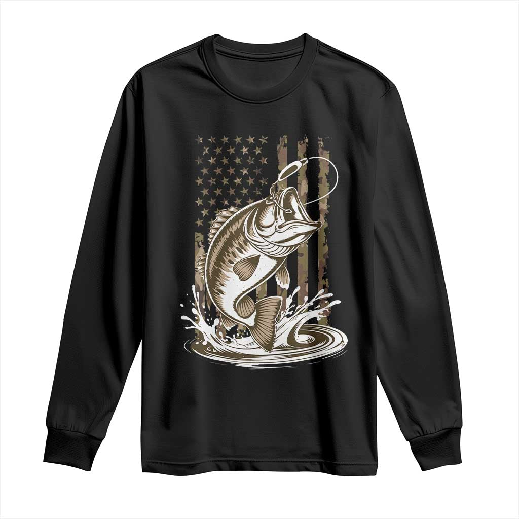 Fishing Camo Long Sleeve Shirt Bass Fish American Flag Boy Men Fisherman Gift TS10 Black Print Your Wear