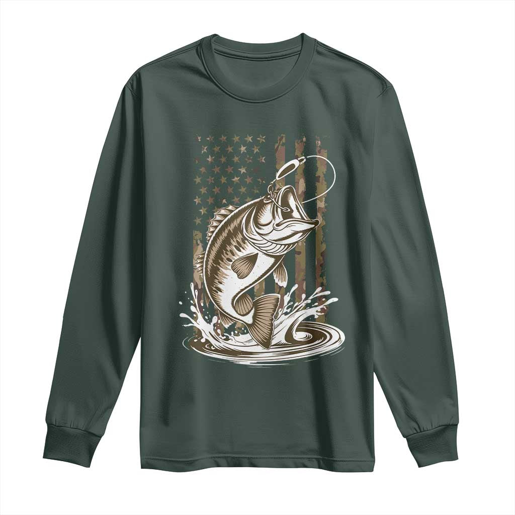 Fishing Camo Long Sleeve Shirt Bass Fish American Flag Boy Men Fisherman Gift TS10 Dark Forest Green Print Your Wear
