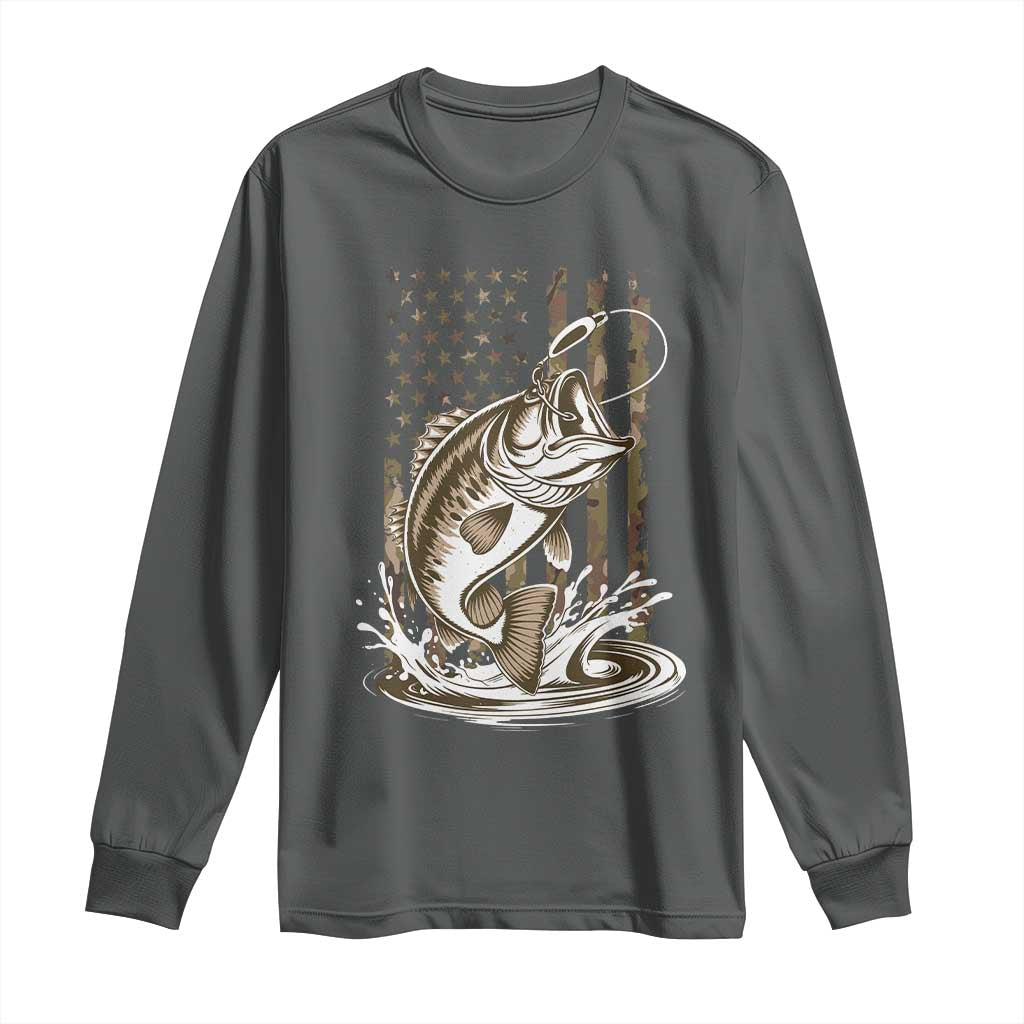 Fishing Camo Long Sleeve Shirt Bass Fish American Flag Boy Men Fisherman Gift TS10 Dark Heather Print Your Wear