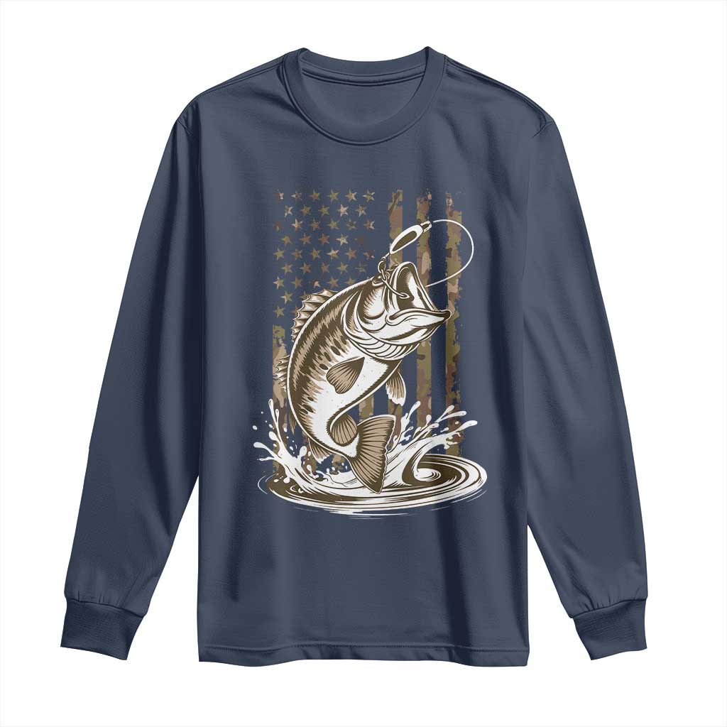 Fishing Camo Long Sleeve Shirt Bass Fish American Flag Boy Men Fisherman Gift TS10 Navy Print Your Wear