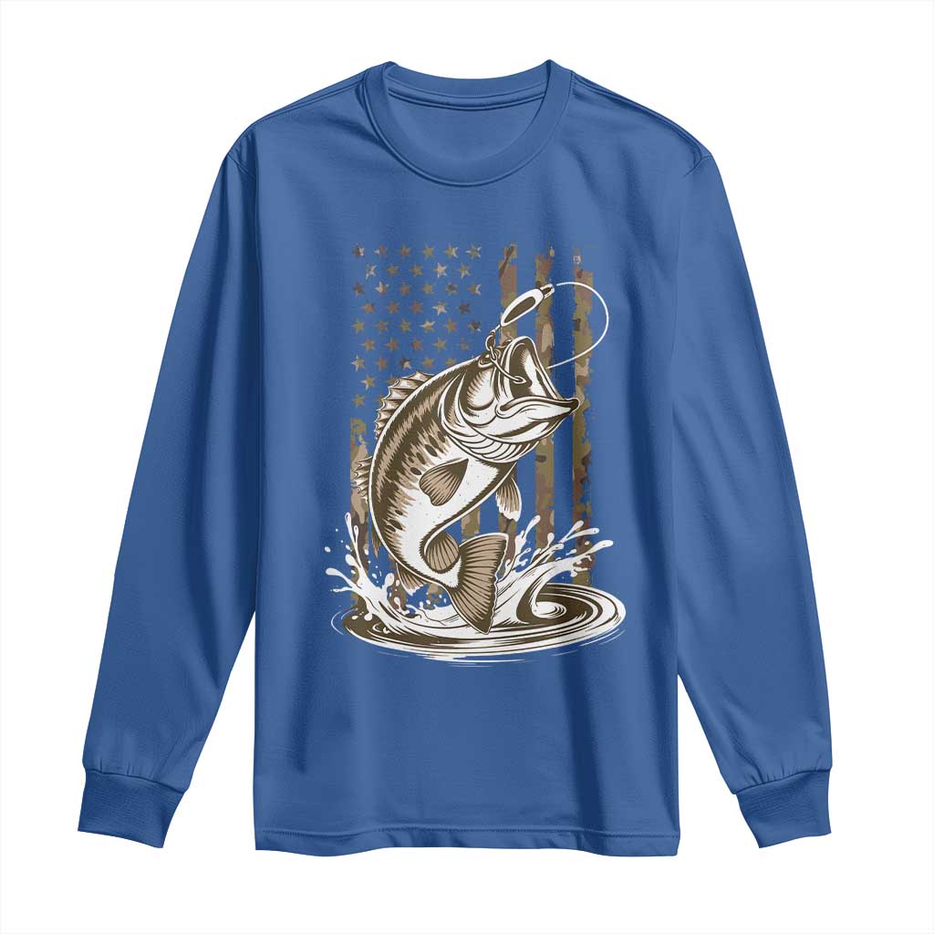 Fishing Camo Long Sleeve Shirt Bass Fish American Flag Boy Men Fisherman Gift TS10 Royal Blue Print Your Wear