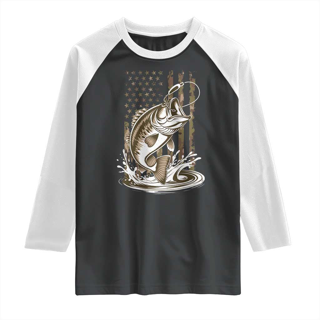 Fishing Camo Raglan Shirt Bass Fish American Flag Boy Men Fisherman Gift TS10 Black White Print Your Wear
