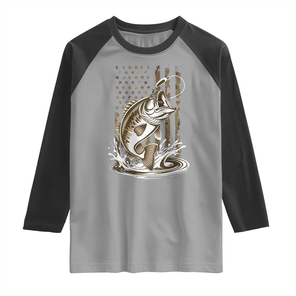Fishing Camo Raglan Shirt Bass Fish American Flag Boy Men Fisherman Gift TS10 Sport Gray Black Print Your Wear