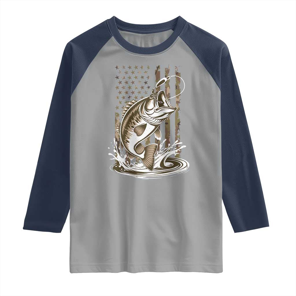 Fishing Camo Raglan Shirt Bass Fish American Flag Boy Men Fisherman Gift TS10 Sport Gray Navy Print Your Wear