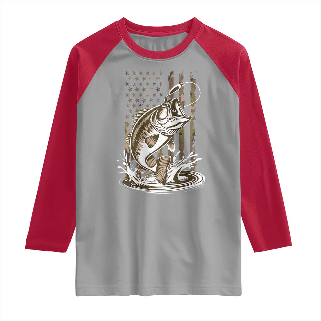 Fishing Camo Raglan Shirt Bass Fish American Flag Boy Men Fisherman Gift TS10 Sport Gray Red Print Your Wear