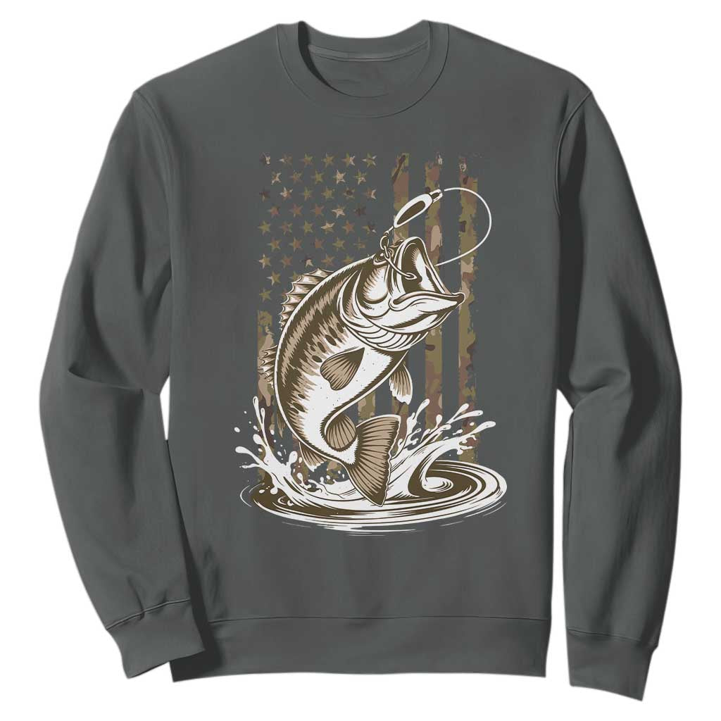 Fishing Camo Sweatshirt Bass Fish American Flag Boy Men Fisherman Gift TS10 Dark Heather Print Your Wear