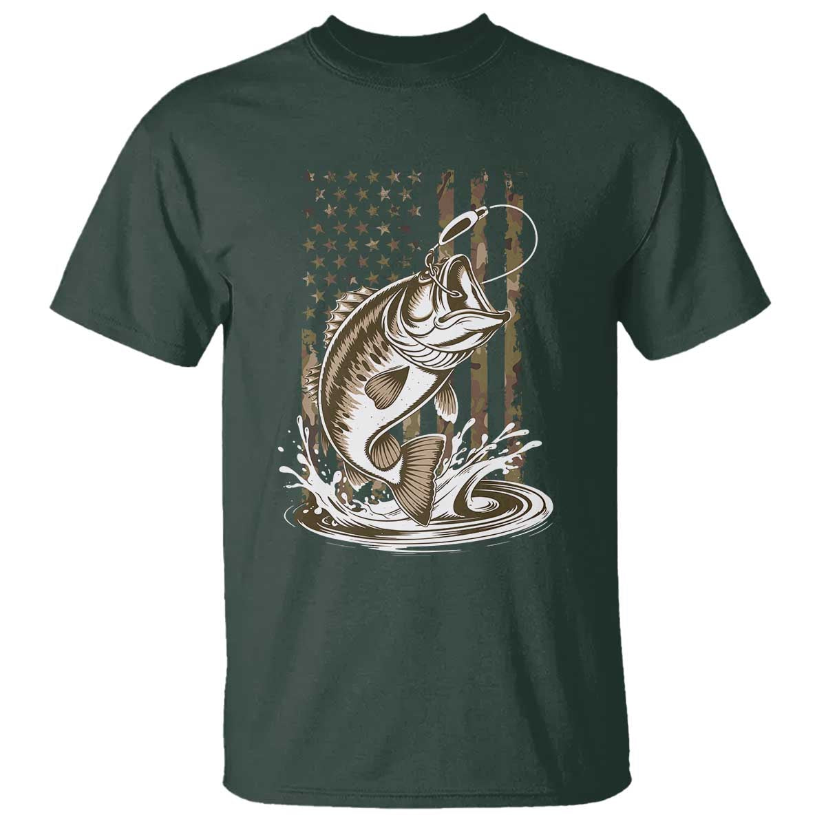 Fishing Camo T Shirt - Bass Fish American Flag Boy Men Fisherman Gift Patriotic Tee TS10 Dark Forest Green Print Your Wear