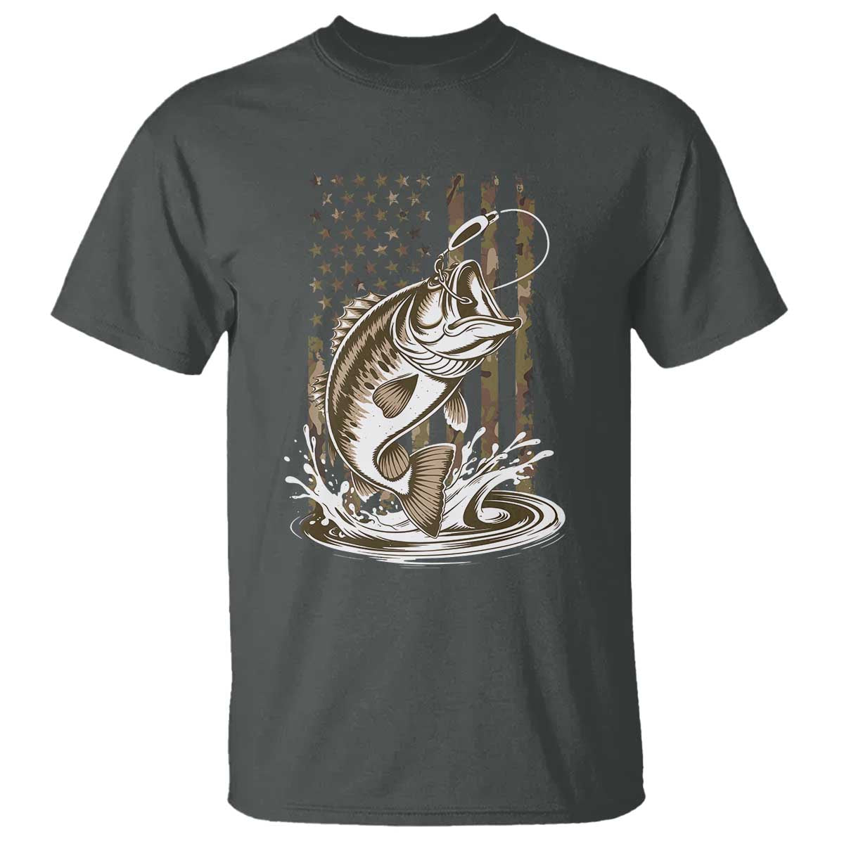 Fishing Camo T Shirt - Bass Fish American Flag Boy Men Fisherman Gift Patriotic Tee TS10 Dark Heather Print Your Wear
