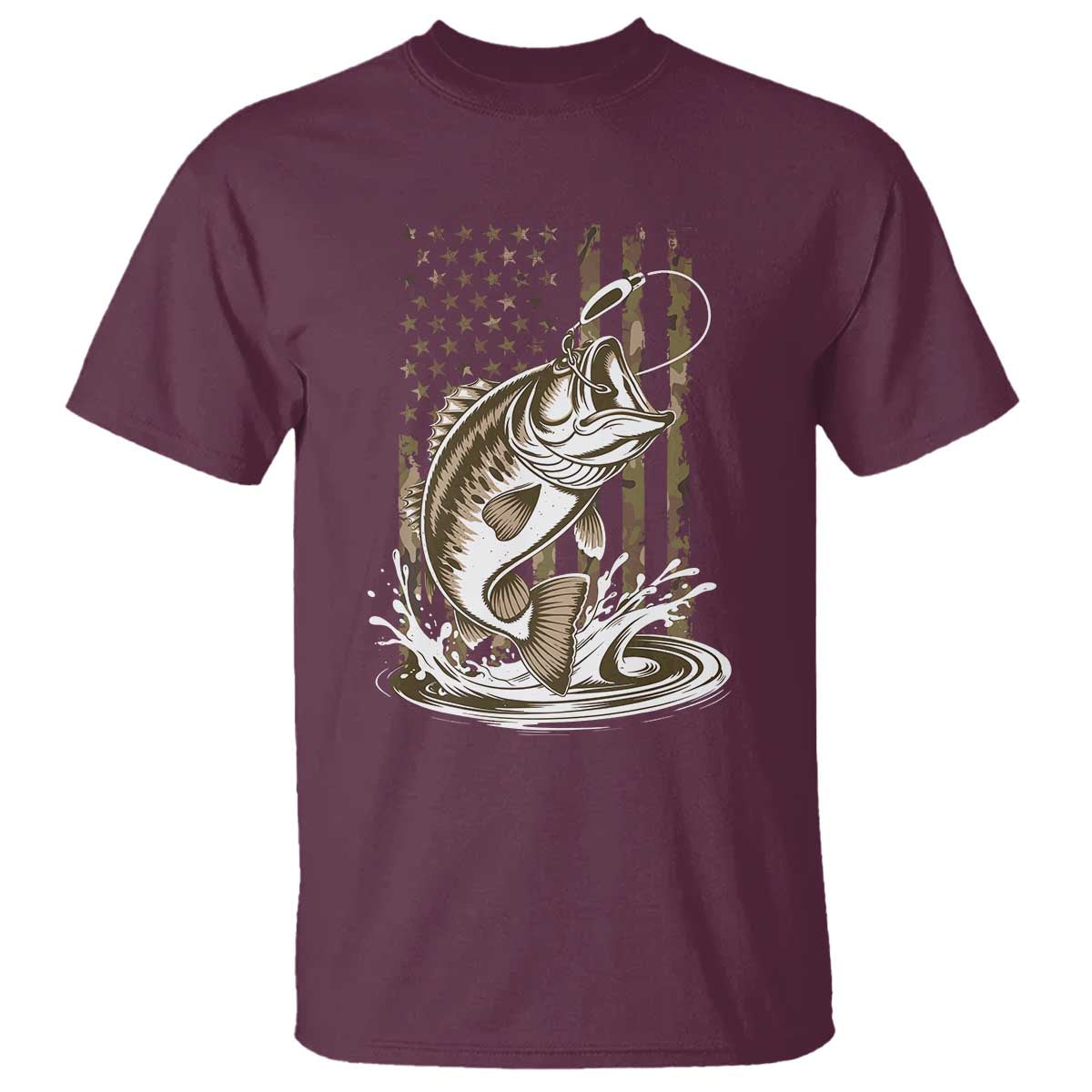 Fishing Camo T Shirt - Bass Fish American Flag Boy Men Fisherman Gift Patriotic Tee TS10 Maroon Print Your Wear