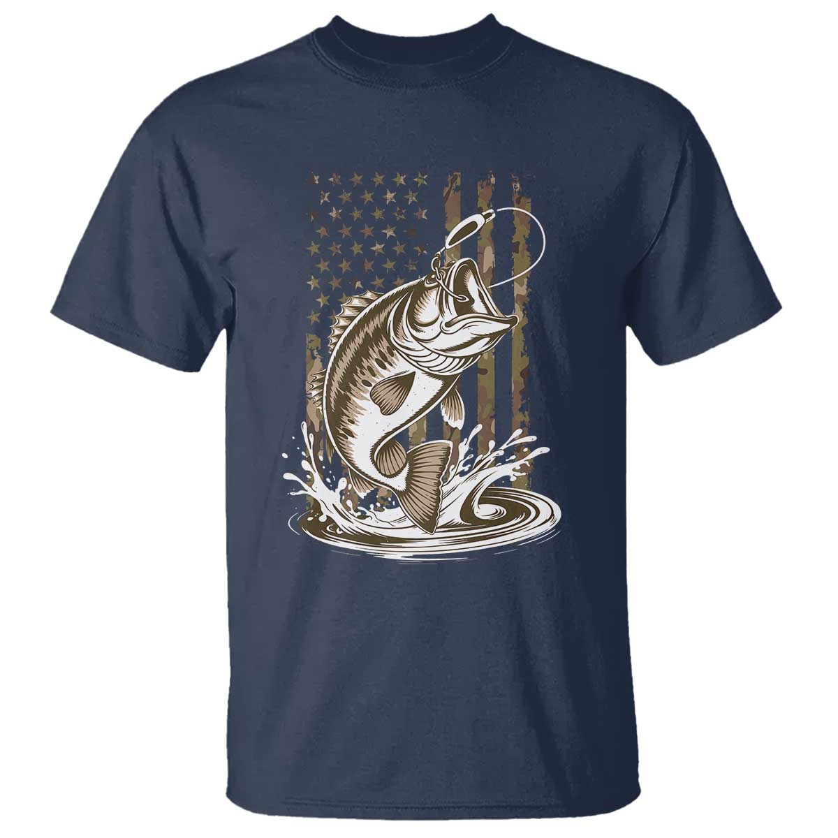 Fishing Camo T Shirt - Bass Fish American Flag Boy Men Fisherman Gift Patriotic Tee TS10 Navy Print Your Wear