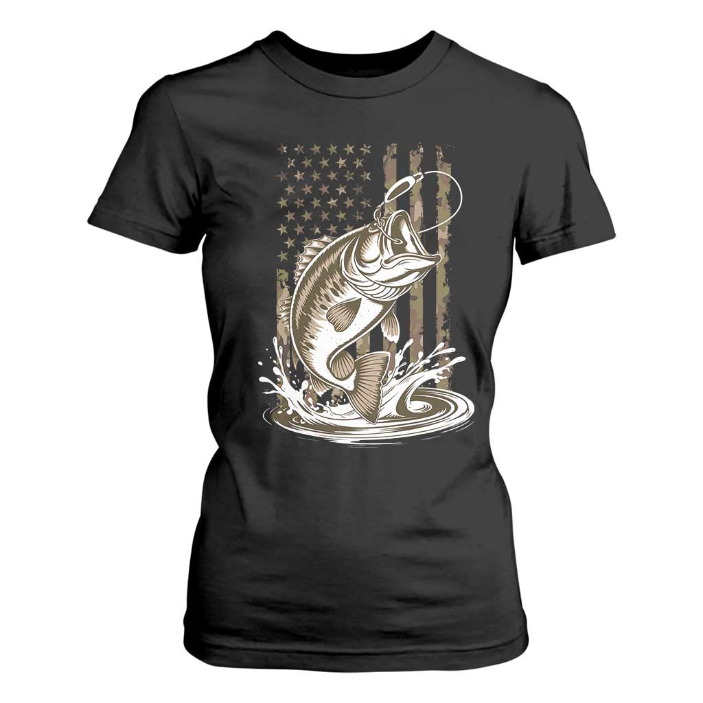 Fishing Camo T Shirt For Women Bass Fish American Flag Boy Men Fisherman Gift TS10 Black Print Your Wear