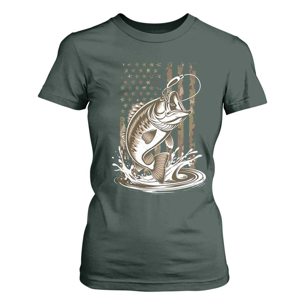 Fishing Camo T Shirt For Women Bass Fish American Flag Boy Men Fisherman Gift TS10 Dark Forest Green Print Your Wear
