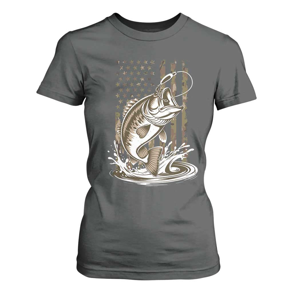 Fishing Camo T Shirt For Women Bass Fish American Flag Boy Men Fisherman Gift TS10 Dark Heather Print Your Wear