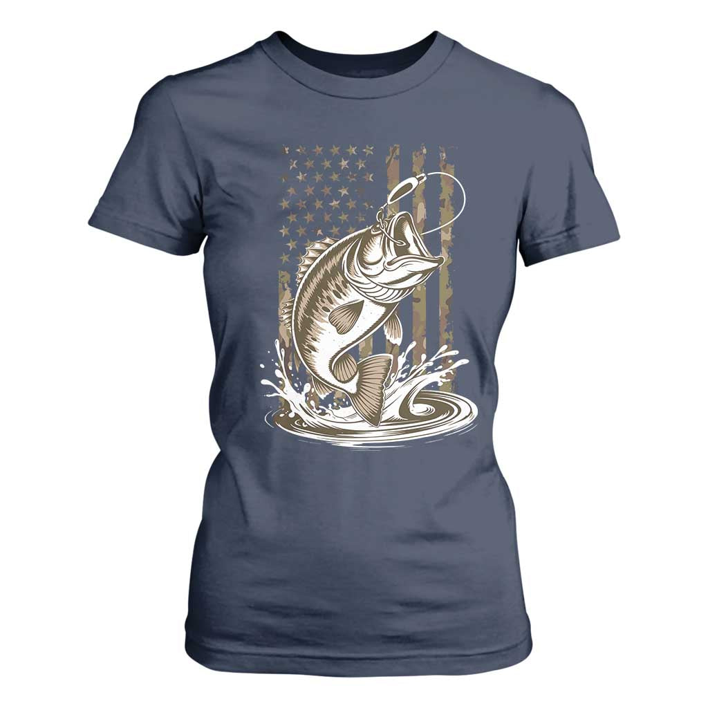 Fishing Camo T Shirt For Women Bass Fish American Flag Boy Men Fisherman Gift TS10 Navy Print Your Wear