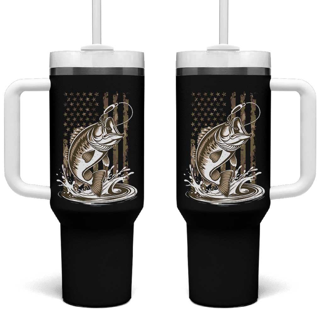 Fishing Camo Tumbler With Handle Bass Fish American Flag Boy Men Fisherman Gift TS10 One Size: 40 oz Black Print Your Wear