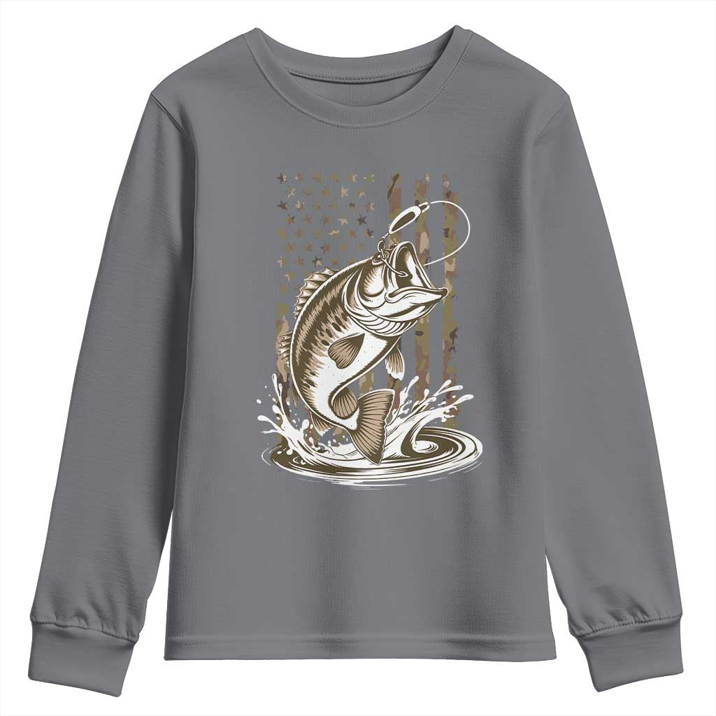Fishing Camo Youth Sweatshirt Bass Fish American Flag Boy Men Fisherman Gift TS10 Charcoal Print Your Wear