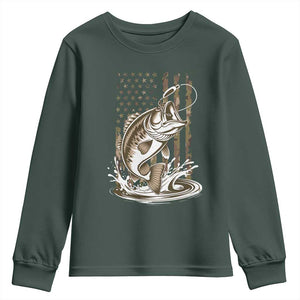 Fishing Camo Youth Sweatshirt Bass Fish American Flag Boy Men Fisherman Gift TS10 Dark Forest Green Print Your Wear