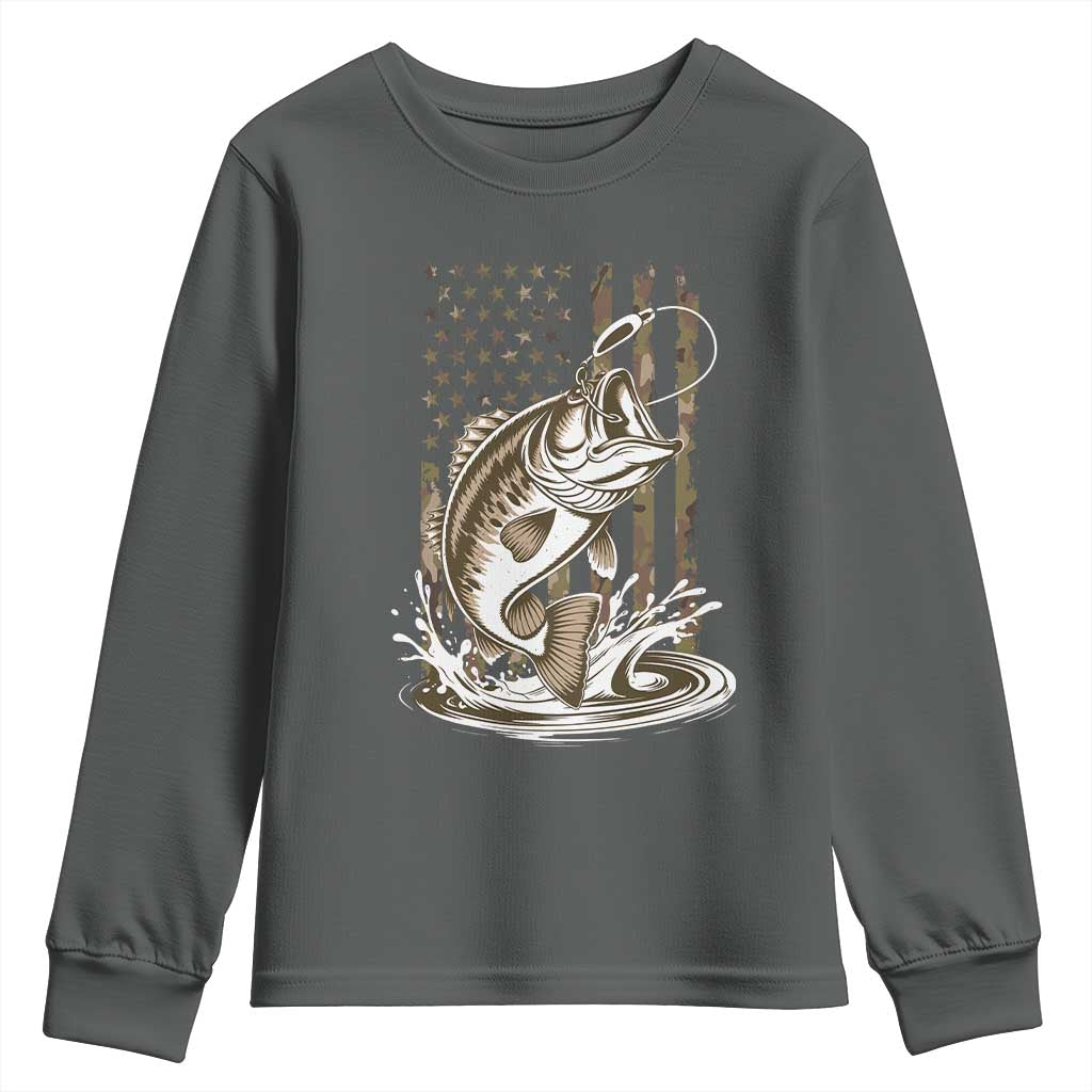 Fishing Camo Youth Sweatshirt Bass Fish American Flag Boy Men Fisherman Gift TS10 Dark Heather Print Your Wear
