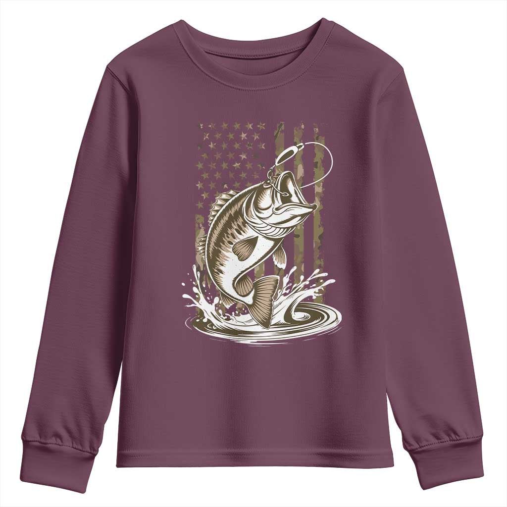 Fishing Camo Youth Sweatshirt Bass Fish American Flag Boy Men Fisherman Gift TS10 Maroon Print Your Wear