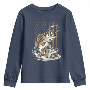 Fishing Camo Youth Sweatshirt Bass Fish American Flag Boy Men Fisherman Gift TS10 Navy Print Your Wear