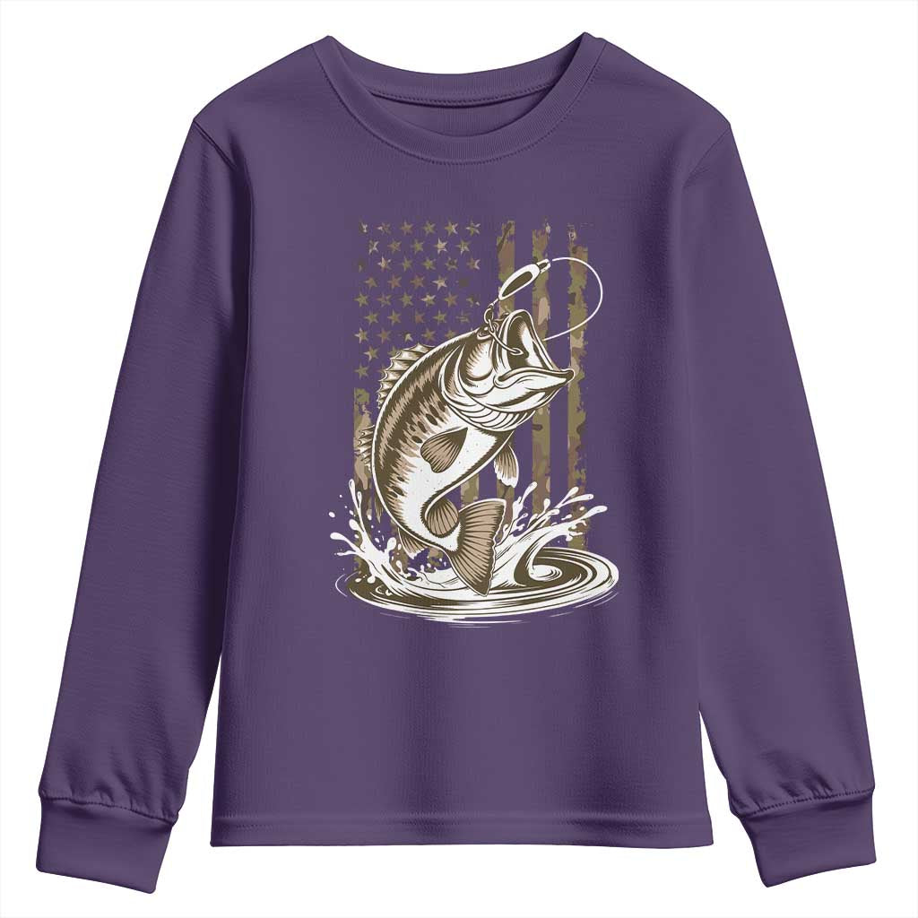 Fishing Camo Youth Sweatshirt Bass Fish American Flag Boy Men Fisherman Gift TS10 Purple Print Your Wear