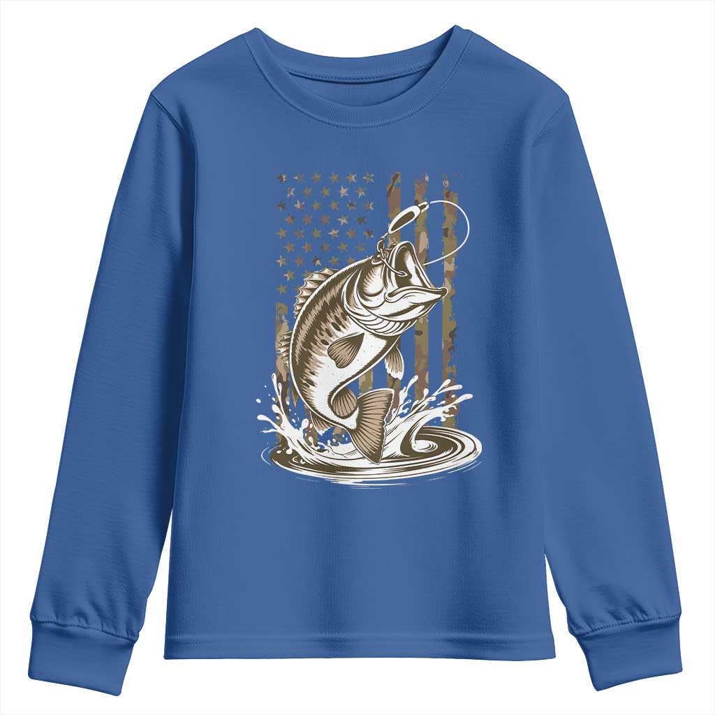 Fishing Camo Youth Sweatshirt Bass Fish American Flag Boy Men Fisherman Gift TS10 Royal Blue Print Your Wear