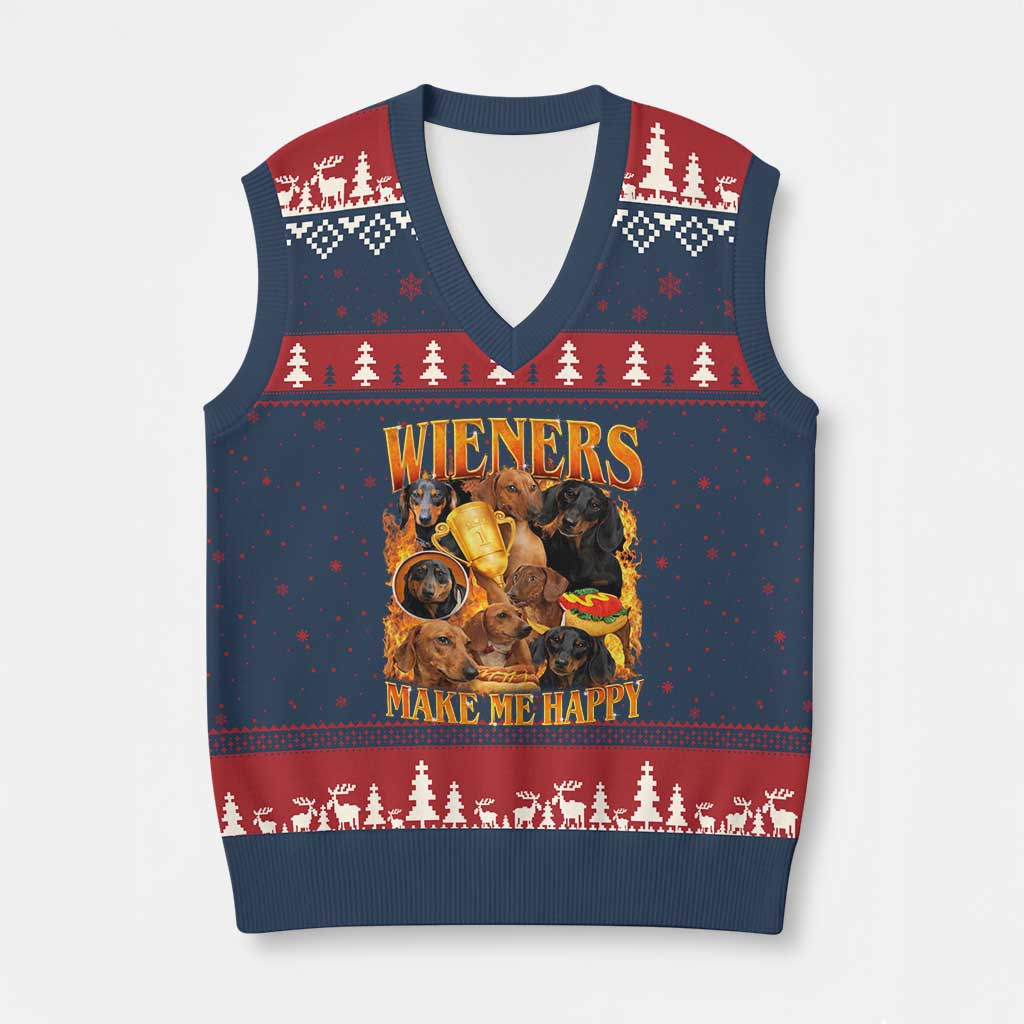Funny Wiener Dog V-Neck Knit Sweater Vest Vintage Bootleg Gift For Dachshund Lover TS10 Navy Red Print Your Wear