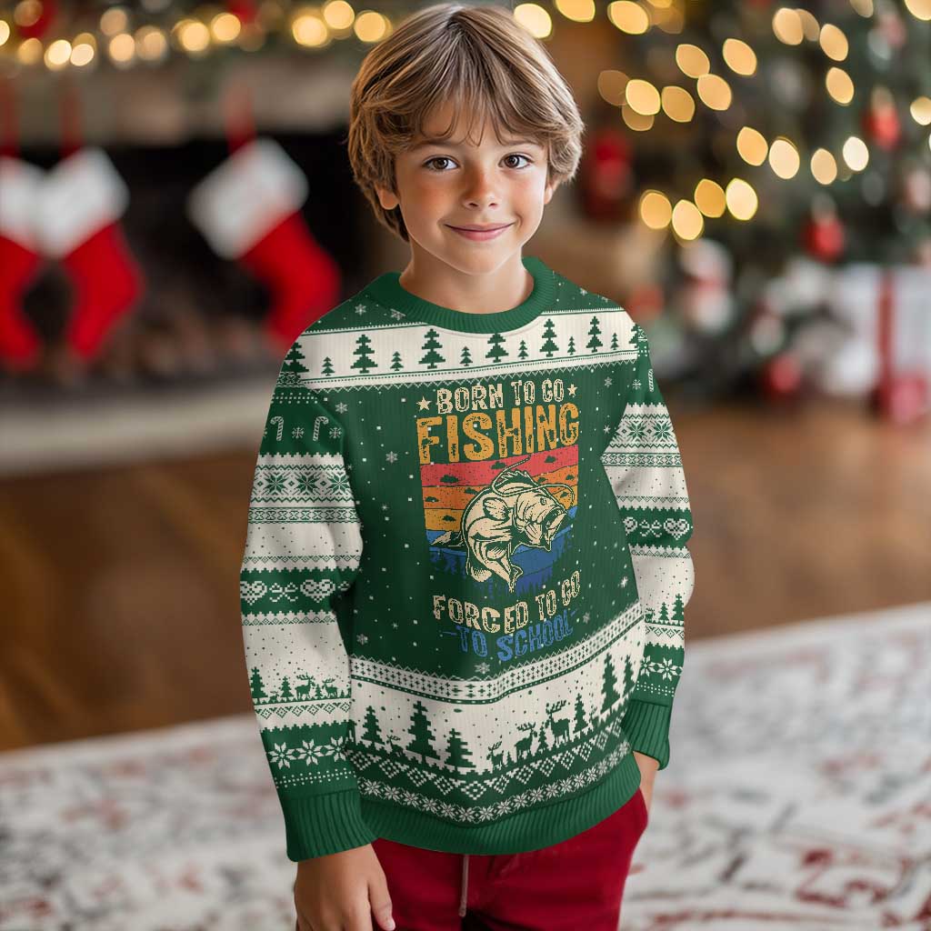 Born to Go Fishing Forced School Ugly Christmas Sweater Funny Fishing Fisherman Kids Boys TS10 Forest Green Beige Print Your Wear