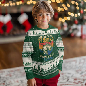 Born to Go Fishing Forced School Ugly Christmas Sweater Funny Fishing Fisherman Kids Boys TS10 Forest Green Beige Print Your Wear