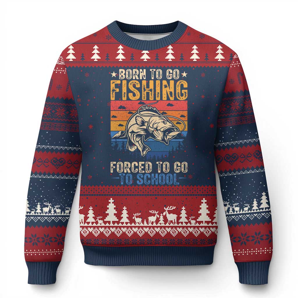 Born to Go Fishing Forced School Ugly Christmas Sweater Funny Fishing Fisherman Kids Boys TS10 Navy Red Print Your Wear
