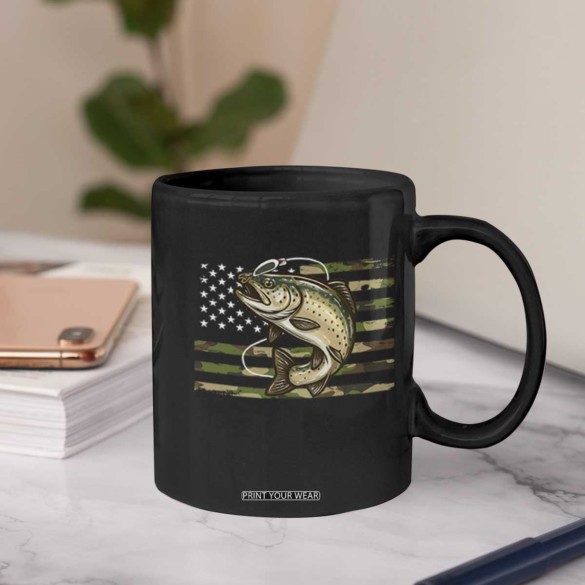 Camo Bass Fishing Coffee Mug Patriotic US Flag Fisherman TS10 Print Your Wear