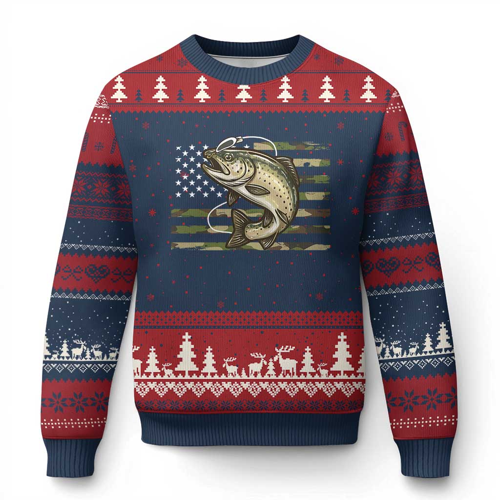 Camo Bass Fishing Ugly Christmas Sweater Patriotic US Flag Fisherman TS10 Navy Red Print Your Wear
