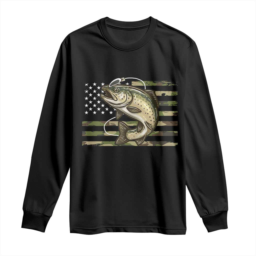 Camo Bass Fishing Long Sleeve Shirt Patriotic US Flag Fisherman TS10 Black Print Your Wear