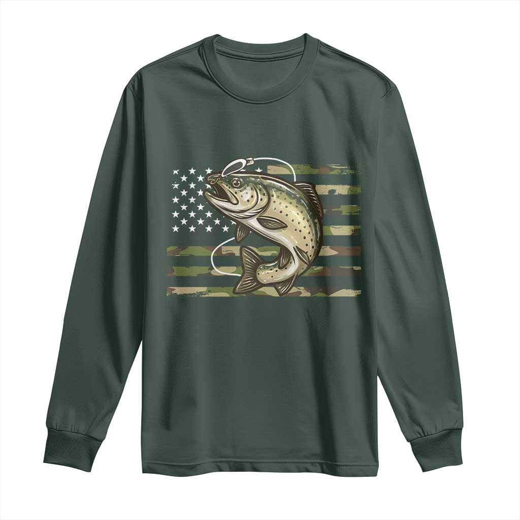 Camo Bass Fishing Long Sleeve Shirt Patriotic US Flag Fisherman TS10 Dark Forest Green Print Your Wear