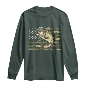 Camo Bass Fishing Long Sleeve Shirt Patriotic US Flag Fisherman TS10 Dark Forest Green Print Your Wear