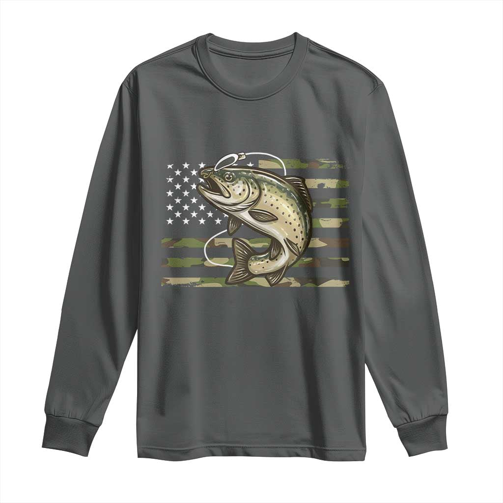 Camo Bass Fishing Long Sleeve Shirt Patriotic US Flag Fisherman TS10 Dark Heather Print Your Wear