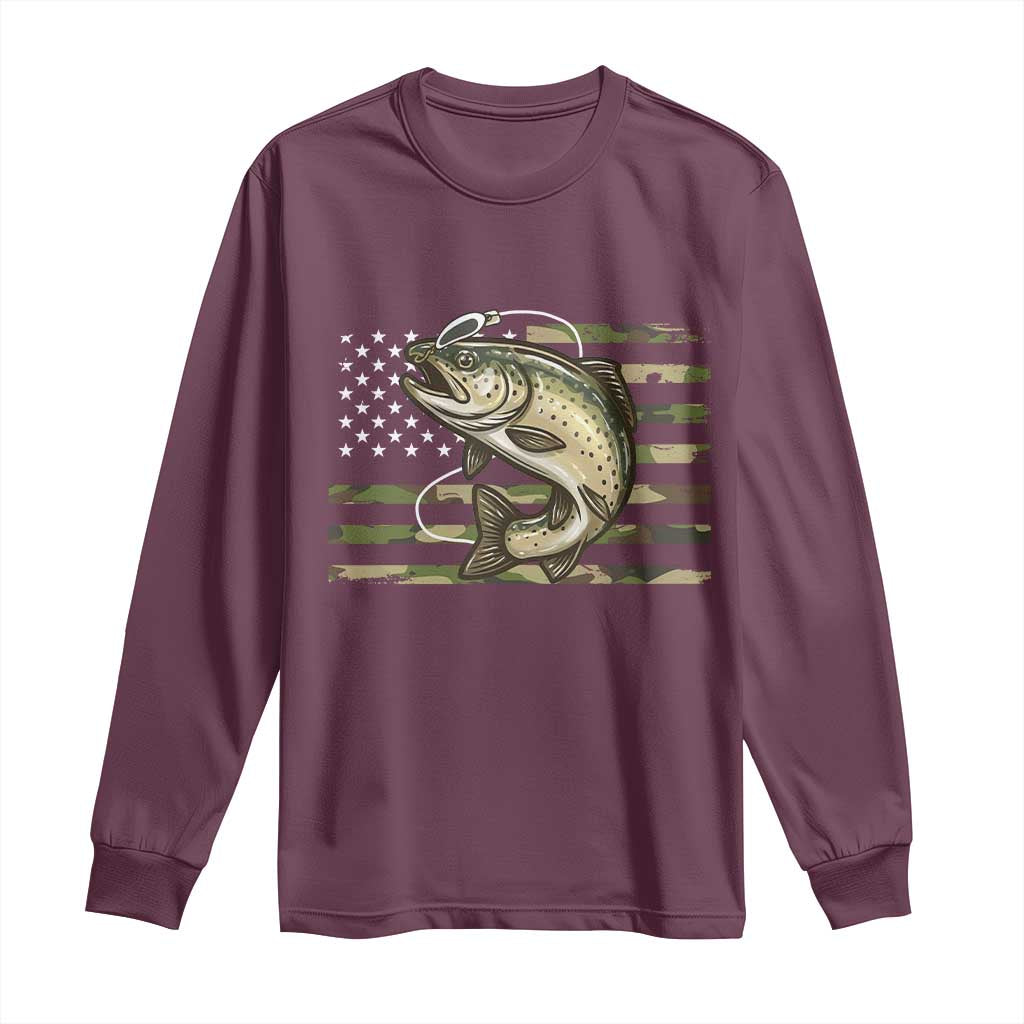 Camo Bass Fishing Long Sleeve Shirt Patriotic US Flag Fisherman TS10 Maroon Print Your Wear