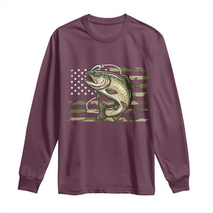 Camo Bass Fishing Long Sleeve Shirt Patriotic US Flag Fisherman TS10 Maroon Print Your Wear