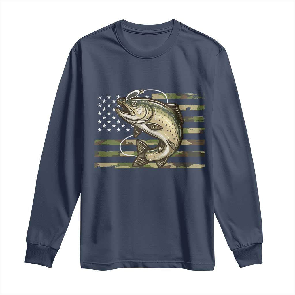 Camo Bass Fishing Long Sleeve Shirt Patriotic US Flag Fisherman TS10 Navy Print Your Wear