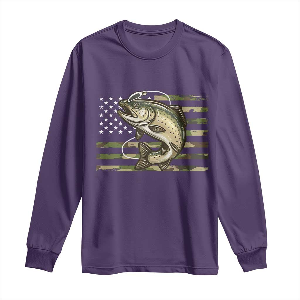 Camo Bass Fishing Long Sleeve Shirt Patriotic US Flag Fisherman TS10 Purple Print Your Wear