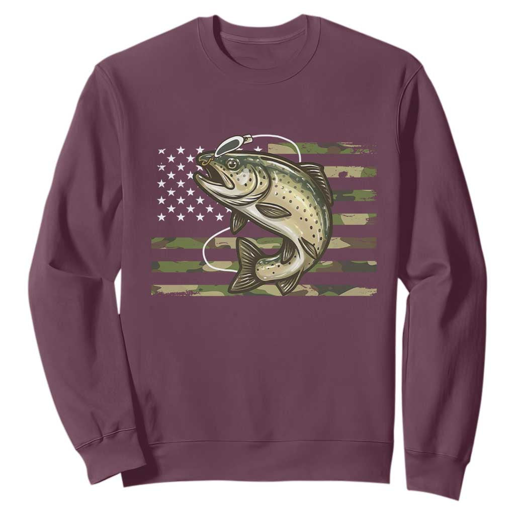 Camo Bass Fishing Sweatshirt Patriotic US Flag Fisherman TS10 Maroon Print Your Wear