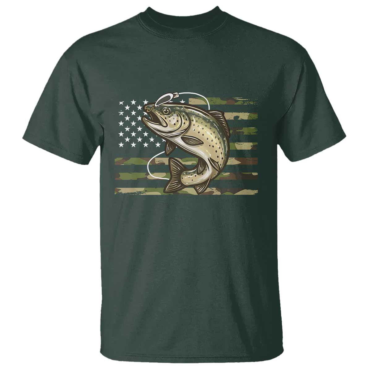 Camo Bass Fishing T Shirt Patriotic US Flag Fisherman TS10 Dark Forest Green Print Your Wear