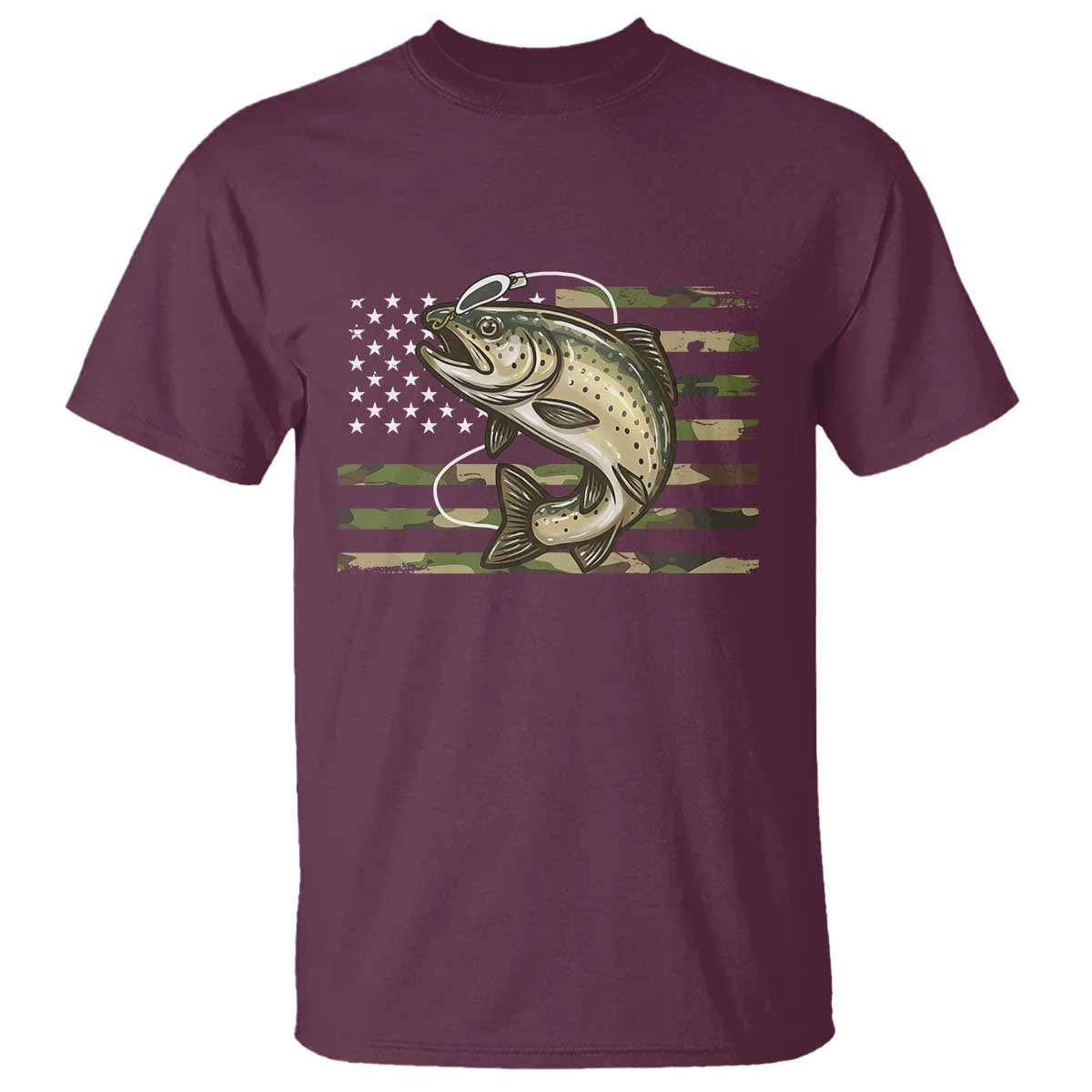 Camo Bass Fishing T Shirt Patriotic US Flag Fisherman TS10 Maroon Print Your Wear