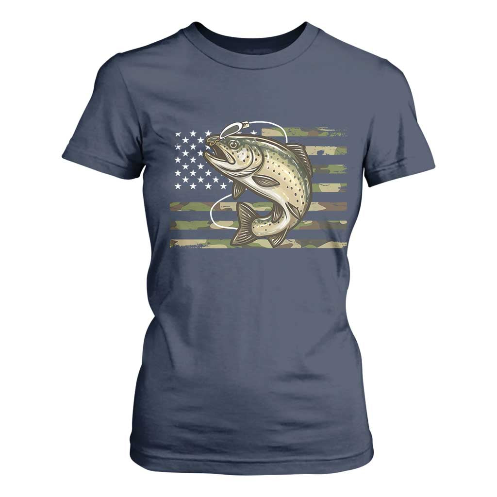 Camo Bass Fishing T Shirt For Women Patriotic US Flag Fisherman TS10 Navy Print Your Wear