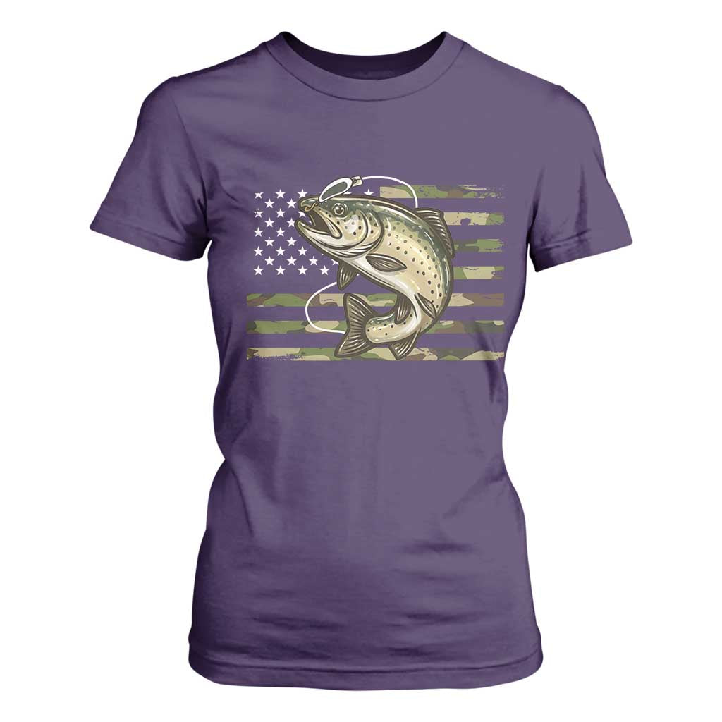 Camo Bass Fishing T Shirt For Women Patriotic US Flag Fisherman TS10 Purple Print Your Wear