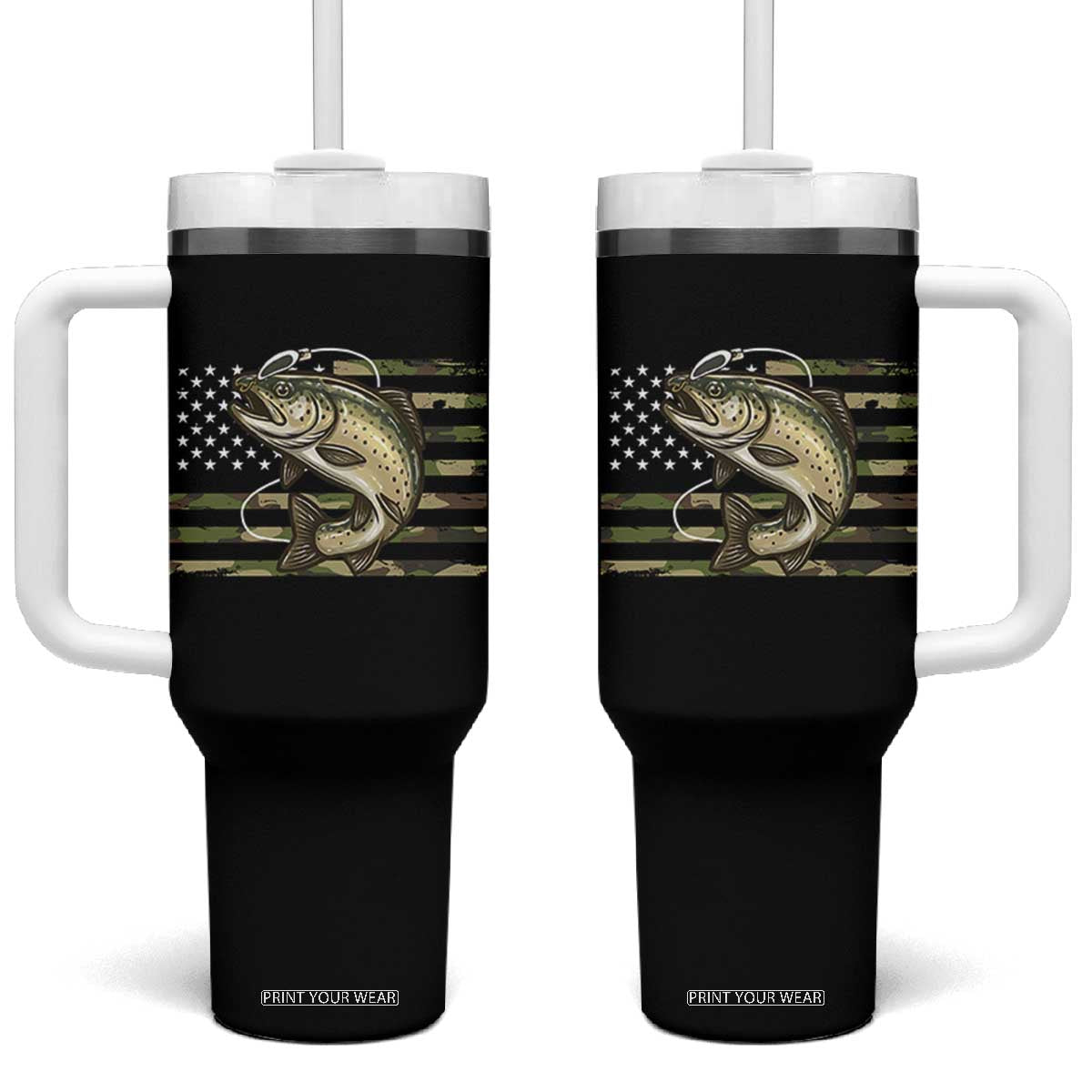Camo Bass Fishing Tumbler With Handle Patriotic US Flag Fisherman TS10 One Size: 40 oz Black Print Your Wear