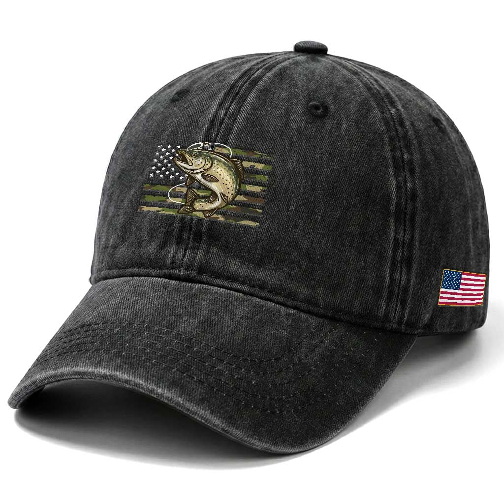 Camo Bass Fishing Washed Cotton Baseball Cap Patriotic US Flag Fisherman TS10 Print Your Wear