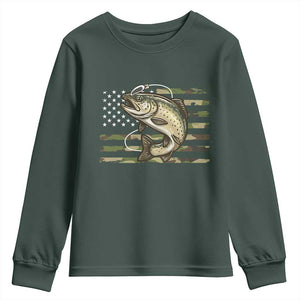 Camo Bass Fishing Youth Sweatshirt Patriotic US Flag Fisherman TS10 Dark Forest Green Print Your Wear