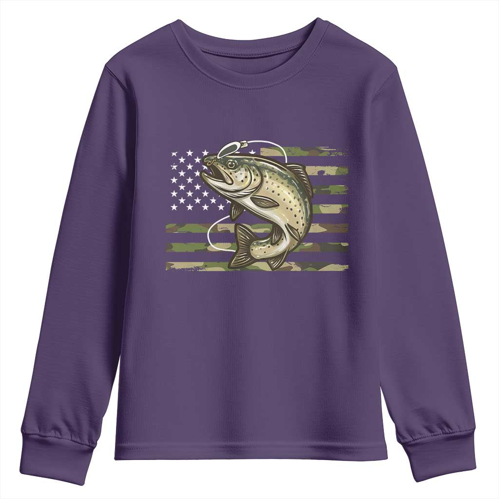 Camo Bass Fishing Youth Sweatshirt Patriotic US Flag Fisherman TS10 Purple Print Your Wear